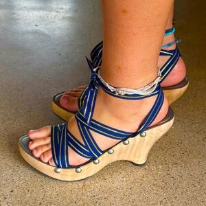 Mohop Ribbon Lace Up Sculpted Wood Wedge Heels